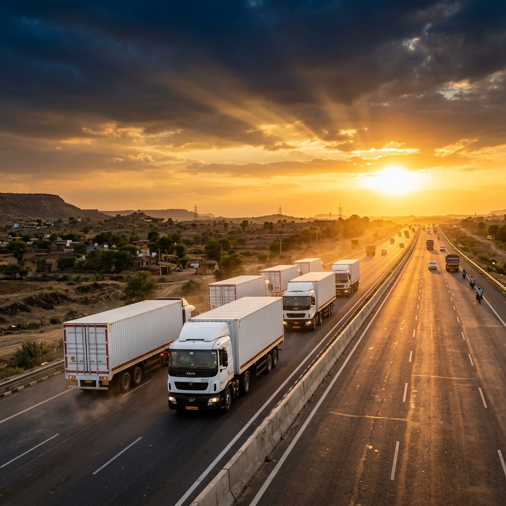 Indian truck fleet convoy on national highway at golden hour
